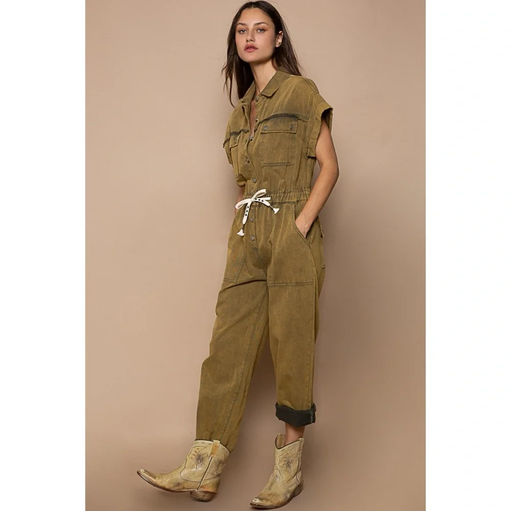 POL Olive Mineral Washed Button Front Adjustable Waist Denim Jumpsuit - Picture 5 of 8